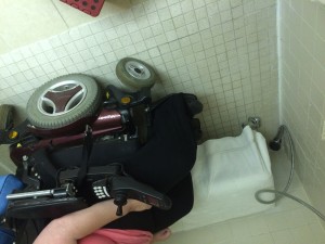 How a roll-in shower works - see how I can park right next to the seat and easily transfer.