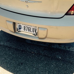 This is a license plate photo of the people's car who made obscene and hateful threats when they were confronted about parking illegally in a handicapped space. Plate Indiana 876LUV