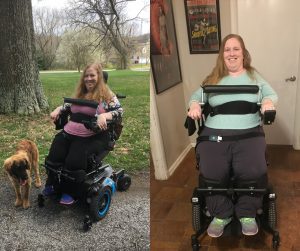 Two photos of Karin Willison using a standing wheelchair, Permobil F5 VS.