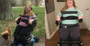 Two photos of Karin Willison using a standing wheelchair, Permobil F5 VS.