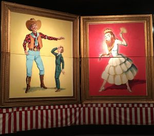 Vintage sideshow performers depicted in paintings at the wheelchair accessible Sarasota, Florida Ringling Circus Museum.