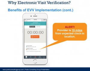 EVV Time4Care app presenation touting privacy invasion via GPS tracking as a positive feature.
