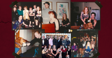 Photo collage featuring cast members and phans from The Phantom of the Opera in the 1990s.